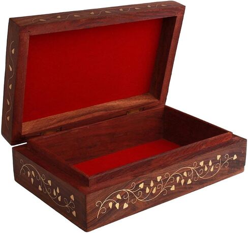 Ajuny Hand Carved Wooden Decorative Jewelry Storage Box Leaf Design Vintage Style - Multipurpose Use As Watch Box, Treasure Chest Box Great For Gifts - Brown, 10x6 Inch in Saudi Arabia