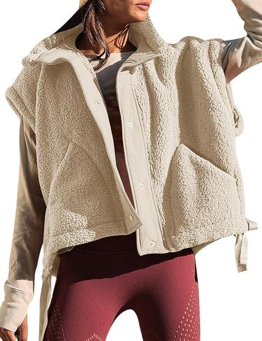 Women's Fleece Vest Oversized Sleeveless Fuzzy Sherpa Vests Outerwear with Pockets in Saudi Arabia