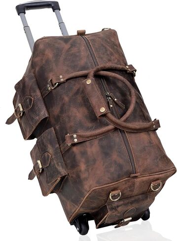 Men's Leather Rolling Travel Duffel Bag - 21" Wheeled Brown Duffel for Effortless Journeys By VC in Kuwait