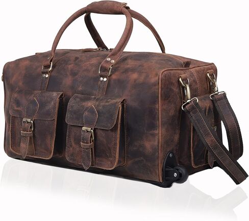 Men's Leather Rolling Travel Duffel Bag - 21" Wheeled Brown Duffel for Effortless Journeys By VC in Kuwait