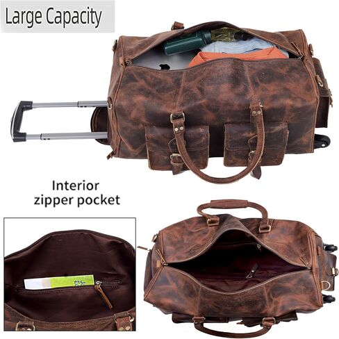 Men's Leather Rolling Travel Duffel Bag - 21" Wheeled Brown Duffel for Effortless Journeys By VC in Kuwait