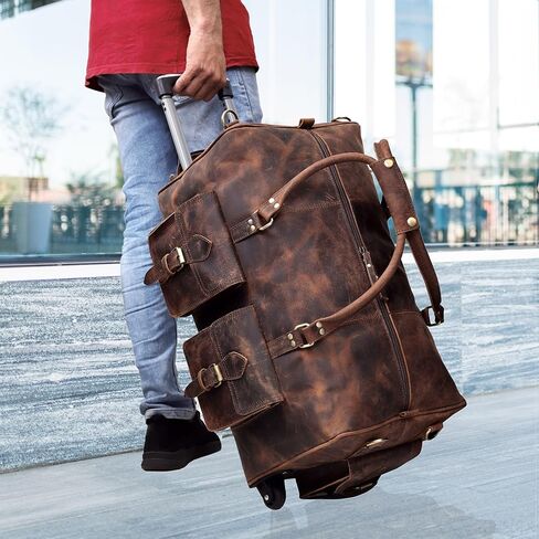 Men's Leather Rolling Travel Duffel Bag - 21" Wheeled Brown Duffel for Effortless Journeys By VC in Kuwait