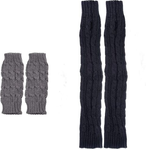 Eco-Fused 2 Pairs Arm Warmers - Knitted Fingerless Gloves with Thumbholes - Suitable for Women Teens - Indoor Outdoor Use - Short and Long Pairs (Black and Grey) in Kuwait