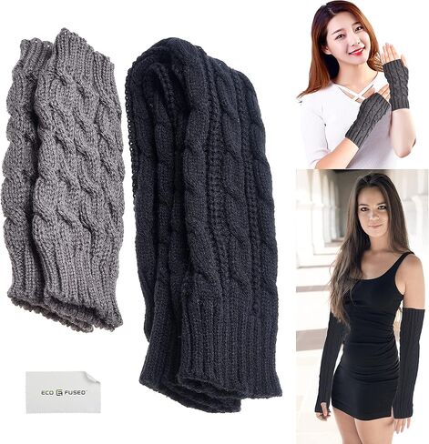Eco-Fused 2 Pairs Arm Warmers - Knitted Fingerless Gloves with Thumbholes - Suitable for Women Teens - Indoor Outdoor Use - Short and Long Pairs (Black and Grey) in Kuwait