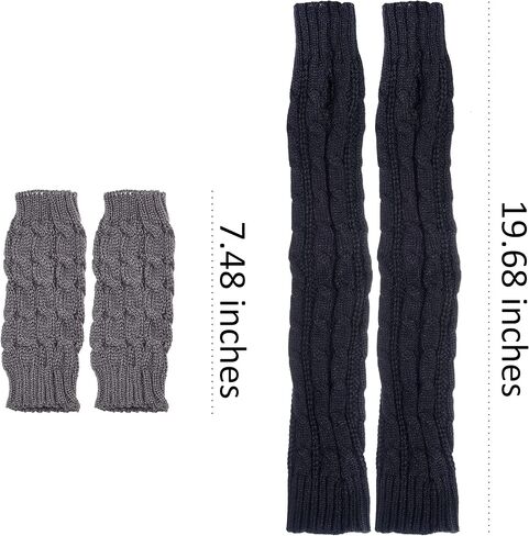 Eco-Fused 2 Pairs Arm Warmers - Knitted Fingerless Gloves with Thumbholes - Suitable for Women Teens - Indoor Outdoor Use - Short and Long Pairs (Black and Grey) in Kuwait