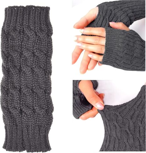 Eco-Fused 2 Pairs Arm Warmers - Knitted Fingerless Gloves with Thumbholes - Suitable for Women Teens - Indoor Outdoor Use - Short and Long Pairs (Black and Grey) in Kuwait