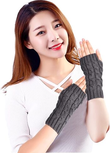 Eco-Fused 2 Pairs Arm Warmers - Knitted Fingerless Gloves with Thumbholes - Suitable for Women Teens - Indoor Outdoor Use - Short and Long Pairs (Black and Grey) in Kuwait