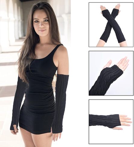 Eco-Fused 2 Pairs Arm Warmers - Knitted Fingerless Gloves with Thumbholes - Suitable for Women Teens - Indoor Outdoor Use - Short and Long Pairs (Black and Grey) in Kuwait
