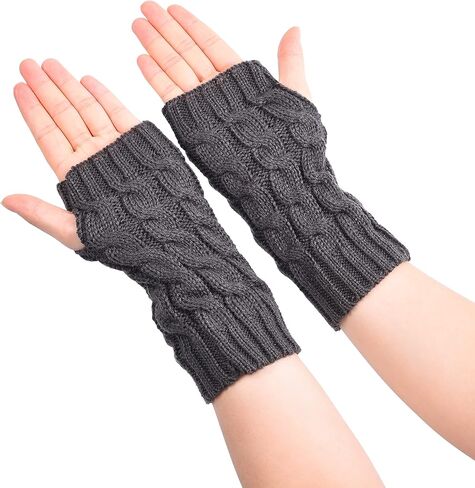 Eco-Fused 2 Pairs Arm Warmers - Knitted Fingerless Gloves with Thumbholes - Suitable for Women Teens - Indoor Outdoor Use - Short and Long Pairs (Black and Grey) in Kuwait