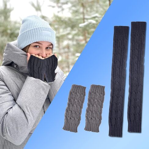 Eco-Fused 2 Pairs Arm Warmers - Knitted Fingerless Gloves with Thumbholes - Suitable for Women Teens - Indoor Outdoor Use - Short and Long Pairs (Black and Grey) in Kuwait