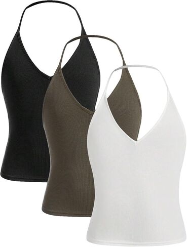 Milumia Girl's 3 Piece Backless Halter Cami Tops V Neck Ribbed Knit Camisoles Undershirts in Saudi Arabia