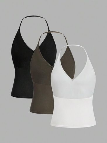 Milumia Girl's 3 Piece Backless Halter Cami Tops V Neck Ribbed Knit Camisoles Undershirts in Saudi Arabia