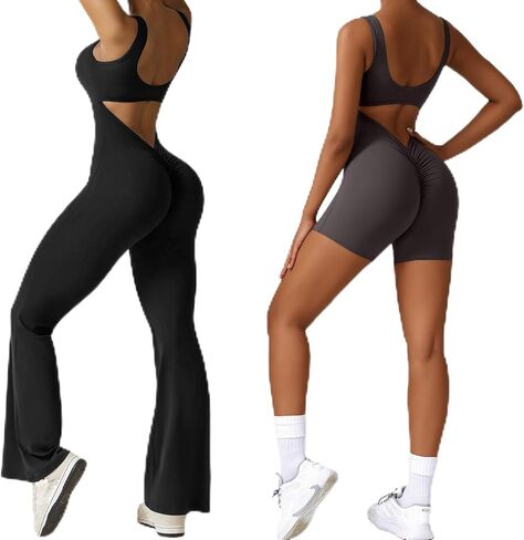 Vertvie Women Sleeveless Flare Jumpsuits Black Shorts Romper Grey Sexy Backless V Back Scrunch Butt Bodycon 2Pack in Saudi Arabia