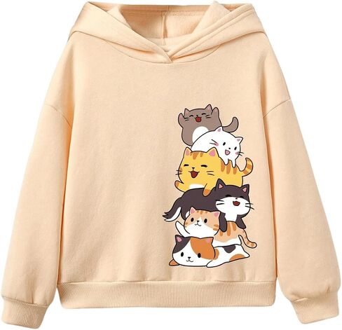 SOLY HUX Girl's Hoodies Cartoon Cat Print Long Sleeve Drop Shoulder Pullover Sweatshirt in Saudi Arabia