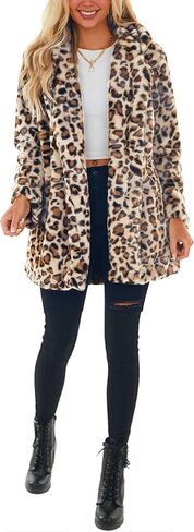 معاطف SeekMe النسائية من الفرو الصناعي سترات الفهد فضفاضة دافئة للخريف والشتاء سترة منفوشة ملابس خارجية (1807-WhiteOrangeX1-M-FY) in Kuwait