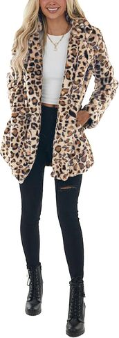 معاطف SeekMe النسائية من الفرو الصناعي سترات الفهد فضفاضة دافئة للخريف والشتاء سترة منفوشة ملابس خارجية (1807-WhiteOrangeX1-M-FY) in Kuwait