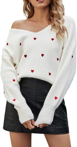 Women Cute Valentine Heart Graphic Jumper V-Neck Embroidery Knitted Loose Pullover Sweater Tops in Saudi Arabia