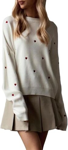 Women Cute Valentine Heart Graphic Jumper V-Neck Embroidery Knitted Loose Pullover Sweater Tops in Saudi Arabia
