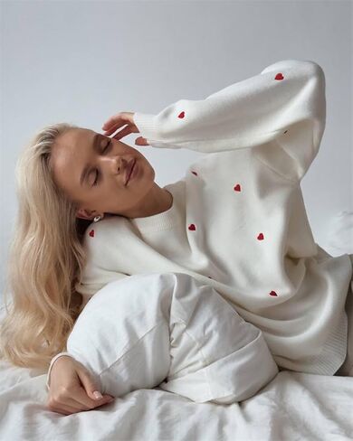 Women Cute Valentine Heart Graphic Jumper V-Neck Embroidery Knitted Loose Pullover Sweater Tops in Saudi Arabia