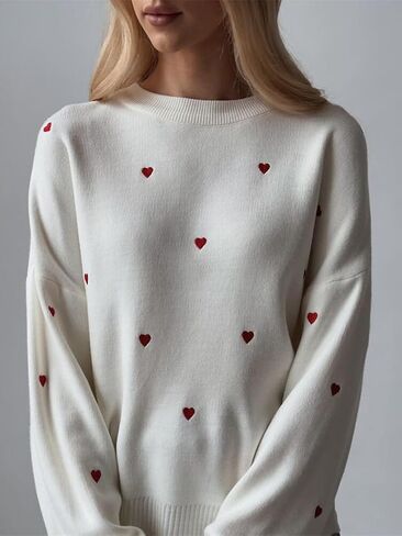 Women Cute Valentine Heart Graphic Jumper V-Neck Embroidery Knitted Loose Pullover Sweater Tops in Saudi Arabia