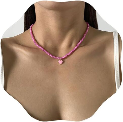 Vintage Color Rice Beaded Beaded Necklace Can Fold Wear Sweet Cool Wind Drop Oil Heart Pendant Collar Bone Collar for Women and Girl in Saudi Arabia