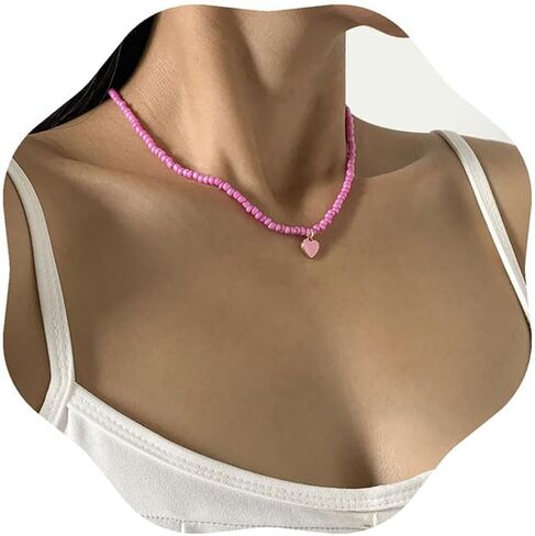 Vintage Color Rice Beaded Beaded Necklace Can Fold Wear Sweet Cool Wind Drop Oil Heart Pendant Collar Bone Collar for Women and Girl in Saudi Arabia