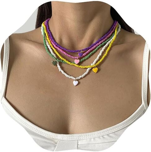 Vintage Color Rice Beaded Beaded Necklace Can Fold Wear Sweet Cool Wind Drop Oil Heart Pendant Collar Bone Collar for Women and Girl in Saudi Arabia