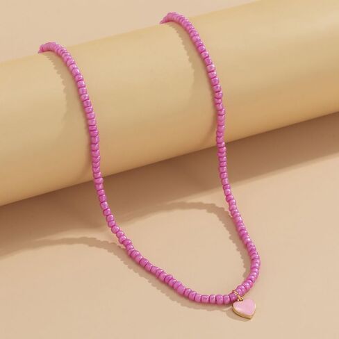 Vintage Color Rice Beaded Beaded Necklace Can Fold Wear Sweet Cool Wind Drop Oil Heart Pendant Collar Bone Collar for Women and Girl in Saudi Arabia