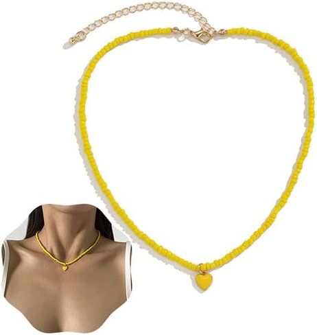 Vintage Color Rice Beaded Beaded Necklace Can Fold Wear Sweet Cool Wind Drop Oil Heart Pendant Collar Bone Collar for Women and Girl in Saudi Arabia
