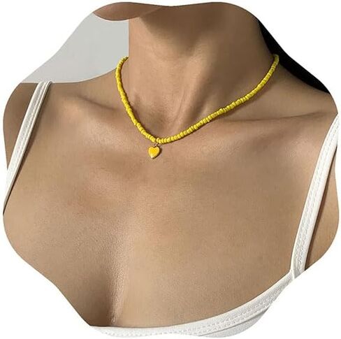 Vintage Color Rice Beaded Beaded Necklace Can Fold Wear Sweet Cool Wind Drop Oil Heart Pendant Collar Bone Collar for Women and Girl in Saudi Arabia
