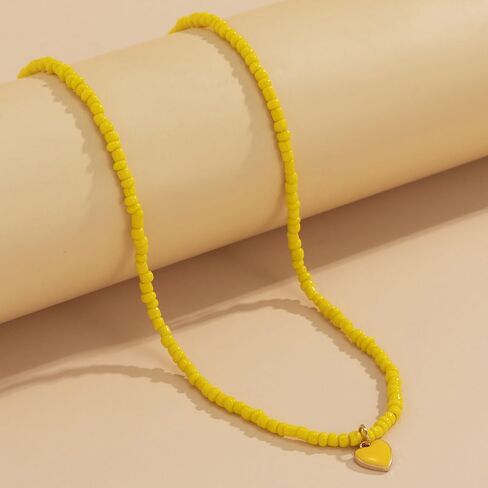 Vintage Color Rice Beaded Beaded Necklace Can Fold Wear Sweet Cool Wind Drop Oil Heart Pendant Collar Bone Collar for Women and Girl in Saudi Arabia