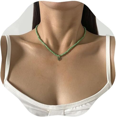 Vintage Color Rice Beaded Beaded Necklace Can Fold Wear Sweet Cool Wind Drop Oil Heart Pendant Collar Bone Collar for Women and Girl in Saudi Arabia