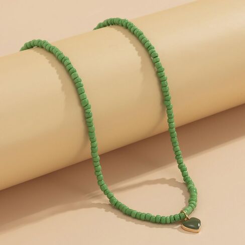 Vintage Color Rice Beaded Beaded Necklace Can Fold Wear Sweet Cool Wind Drop Oil Heart Pendant Collar Bone Collar for Women and Girl in Saudi Arabia