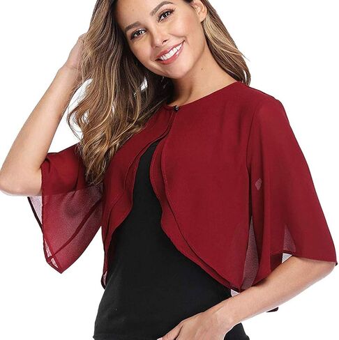 Ladiery Women's Shrugs Chiffon Short Sleeve Open Front Bolero Cardigan Outerwear Shawl Evening Wedding Cape Shirt Tops in Kuwait
