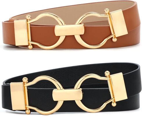 WHIPPY عبوة من 2 أحزمة جلدية رفيعة للسيدات حزام خصر رفيع مع إبزيم ذهبي لفساتين الفساتين in Kuwait