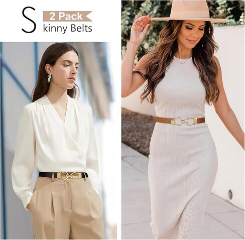 WHIPPY عبوة من 2 أحزمة جلدية رفيعة للسيدات حزام خصر رفيع مع إبزيم ذهبي لفساتين الفساتين in Kuwait