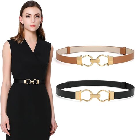 WHIPPY عبوة من 2 أحزمة جلدية رفيعة للسيدات حزام خصر رفيع مع إبزيم ذهبي لفساتين الفساتين in Kuwait