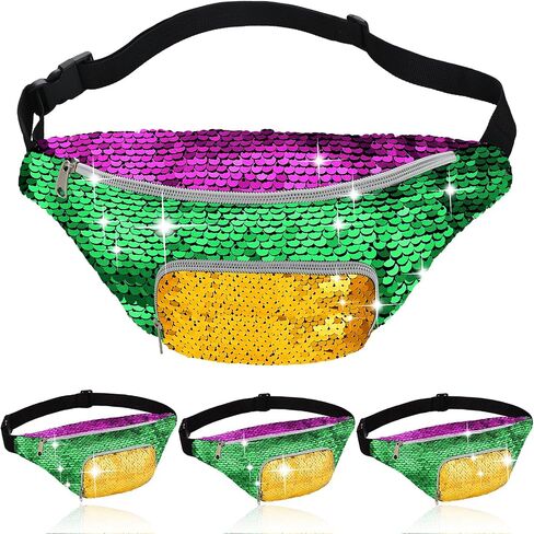 Abbylike 4 Pcs Mardi Gras Sequin Fanny Pack for Women Glitter Crossbody Bags with Adjustable Strap Sequin Bag Hiking Waist Packs Waist Pouch for Carnival Christmas Birthday Party in Kuwait