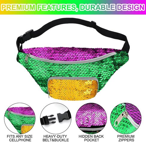 Abbylike 4 Pcs Mardi Gras Sequin Fanny Pack for Women Glitter Crossbody Bags with Adjustable Strap Sequin Bag Hiking Waist Packs Waist Pouch for Carnival Christmas Birthday Party in Kuwait