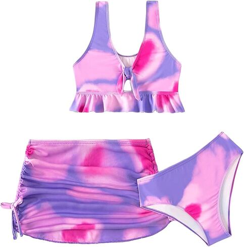 OYOANGLE Girl's 3 Piece Bikini Sets Tie Dye High Waist Swimsuit with Drawstring Cover Up Skirts in Saudi Arabia