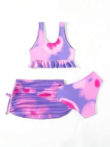 OYOANGLE Girl's 3 Piece Bikini Sets Tie Dye High Waist Swimsuit with Drawstring Cover Up Skirts in Saudi Arabia
