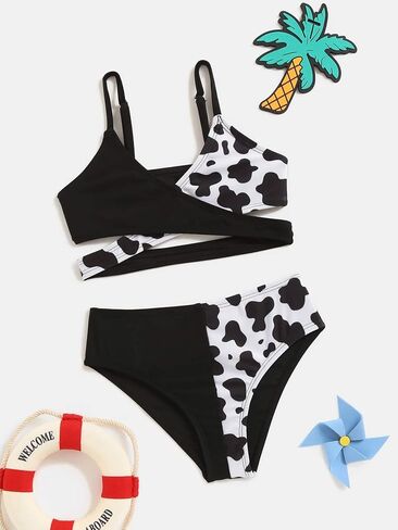 WDIRARA Toddler Girl's 2 Piece Sets Bathing Suits Cow Print Criss Cross Wrap Spaghetti Strap Bikini Swimsuit in Saudi Arabia