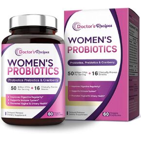 Doctor's Recipes Women's Probiotics, 50 Billion CFU 16 Strains, with Organic Prebiotics Cranberry, Shelf Stable, Delayed Release, 120 Capsules (Pack of 2), 60 Day Supply