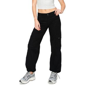 Cali1850 Women’s Twill Cargo Pants – Low Rise Wide Leg Stretch Multi Pockets Casual Streetwear Trousers