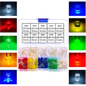 5mm LED Diode Lights Assorted Kit, 200 Pcs M5 LED Light Diodes 10 Types LED Diode White/Red/Green/Blue/Yellow Lights Emitting Diode Round Assorted Kit (M5-LED-Kit)