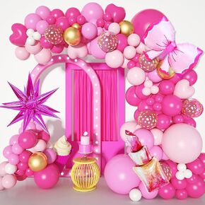 145Pcs Princess Pink Balloon Garland Arch Kit, Hot Pink Confetti 4D Star Lipstick Kiss Bow Balloons for Girls Women Wedding Bridal Baby Shower Makeup Bachelorette Princess Birthday Party Decorations