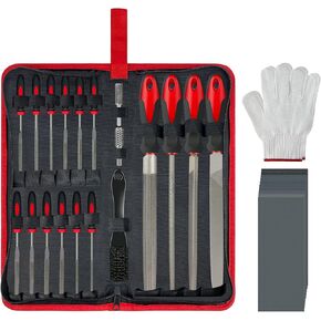 31PCS Metal File Set with Case,4PCS Carbon Steel Flat, Half-Round, Round and Triangle Metal&Wood File,14PCS Needle File Set,2PCS Electric Files,10PCS Sandpaper,1PC Brush and Working Gloves