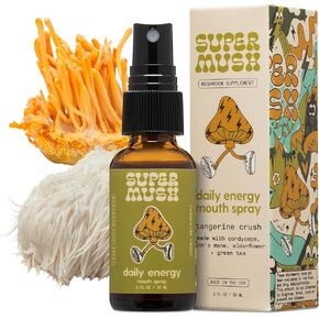 SuperMush Daily Energy Mouth Spray Mushroom Supplement | Lions Mane & Cordyceps Mixed Mushrooms Extract Pure Liquid Spray for Focus, Stamina & Clarity | 30ml Organic Lions Mane Fungi Spray