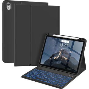 aoub Keyboard Case for iPad Air 11-Inch M2 2024, iPad Air 5th/4th Gen 2022/2020, 7 Color Backlit, Folio Detachable Wireless Bluetooth Keyboard Cover Soft TPU Back Case with Pencil Holder, Black