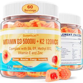 Vitamin D3 5000IU + K2 (MK-7) 120mcg, Sugar-Free Vitamin D3 K2 Filled Gummies with Vitamin B Complex - Methyl B12, B9, B6 | Vitamin E & Zinc, MCT Oil - Supports Bone & Teeth Strength, Energy, Immune